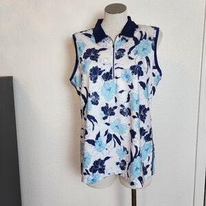 EP New York Stencil Floral Print Zip Mock Polo Sleeveless Women's Top Size XL